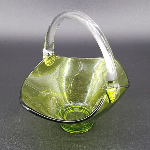 Vintage Viking Epic Green Glass Basket Clear Applied Handle - Picture 2 of 4